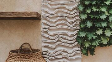 Natural Rustic Wall Decor with Wicker Basket Wave Pattern Texture and Green Leaf Plant on Beige Background photo