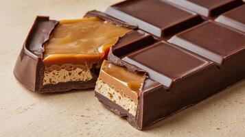 Closeup of Broken Chocolate Bar with Caramel Filling and Crisp Wafer on Beige Background photo