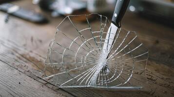 Closeup of knife stuck in shattered glass piece on wooden table symbolizing danger and fragility photo