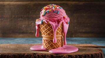 Pink Ice Cream Cone with Sprinkles and Melted Sauce on Rustic Wooden Table with Dark Background photo