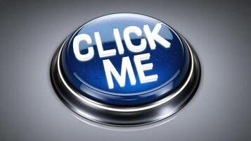 Large Shiny Blue Click Me Button Icon with Metallic Rim on Dark Gray Background for Call to Action photo