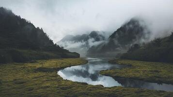 Serene Mountain Valley with Foggy Sky Reflecting on Calm River Surrounded by Lush Green Moss photo