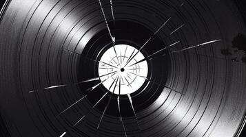 Close Up of Broken Vinyl Record with Cracks and Dark Spiral Patterns on Black Background photo