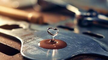 Closeup of Metallic Surface with Heart Shaped Water Droplet in Warm Light on Workshop Table photo