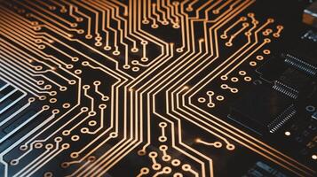 Closeup of golden electronic circuit board with intricate pathways on dark background representing technology innovation photo