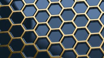 Golden Hexagon Honeycomb Pattern on Glossy Dark Blue Surface with Reflective Metallic Background photo