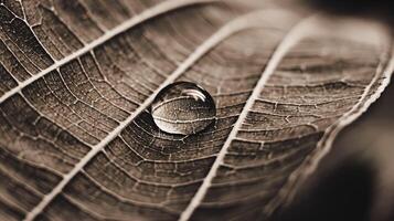 Closeup of single water drop resting on intricate dry leaf veins in sepia-toned natural background photo