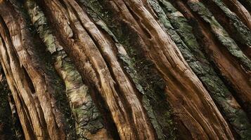 Closeup of Textured Tree Bark with Green Moss in Natural Forest Environment Showing Growth Patterns photo