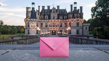 Romantic Pink Envelope on Stone Pathway in Front of European Castle with Heart Lights at Sunset photo