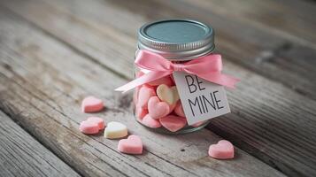 Jar of Pink and White Heart Shaped Candy with Be Mine Tag and Pink Ribbon on Rustic Wooden Table photo