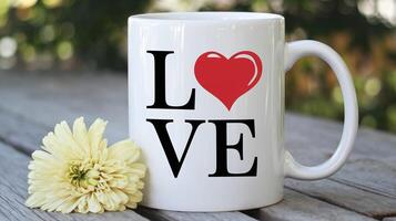 White Ceramic Mug with Love Text and Red Heart on Wooden Table with Yellow Flower Outdoors photo