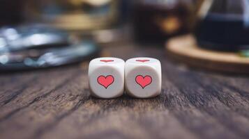 Pair of Dice with Red Heart Symbols on Rustic Wooden Table Romantic Mood Close Up Concept of Love and Chance photo