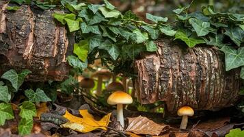 Orange Mushrooms Growing Under Ivy Covered Fallen Logs with Autumn Leaves in Forest Scene photo