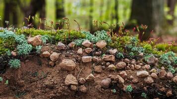Closeup of Forest Soil Layer with Moss Lichens Pebbles and Plant Sprouts in Green Woodland photo