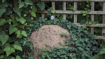 Rustic Wooden Trellis Covered in Green Ivy with a Stone Feature and Single Purple Flower in Garden photo