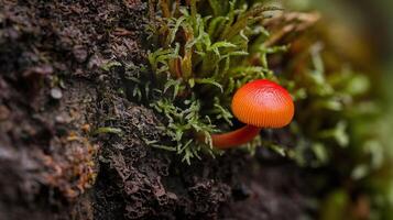 Bright Red Mushroom Growing on Mossy Forest Tree Bark with Lush Green Background photo