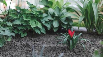 Vibrant Red Flower Blooming in Lush Green Garden with Fresh Soil and Natural Foliage Background photo