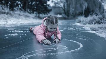 Young Girl Drawing on Frozen Ice Surface with Finger in Winter Landscape with Frosty Trees photo