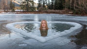Woman Relaxing in Heart Shaped Ice Pool Surrounded by Frozen Lake with Forest and Mountains photo