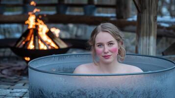 Woman Relaxing in Outdoor Frosted Hot Tub with Warm Fire Pit in Rustic Winter Setting photo