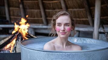 Woman Relaxing in Outdoor Hot Tub with Firepit in Rustic Wooden Cabin Setting Smiling in Daylight photo