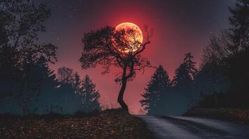 Silhouetted Tree with Bright Red Moon in Mystical Starry Night on Curved Forest Path photo