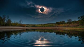 Solar Eclipse Reflected Over Calm Lake With Scenic Green Hills And Cloudy Night Sky photo