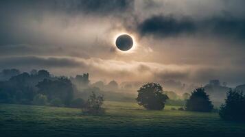 Solar Eclipse Over Misty Green Meadow with Trees and Dramatic Cloudy Sky at Sunrise or Sunset photo