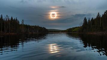 Solar Eclipse Reflection Over Calm Forest Lake Under Moody Sky at Twilight photo