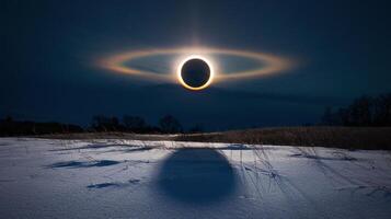 Solar Eclipse Over Snowy Field with Silhouetted Trees and Vibrant Halo in Deep Night Sky photo