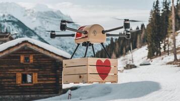 Drone Delivering Wooden Box with Red Heart in Snowy Mountain Village with Cabin and Trees Background photo