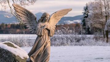Serene Angel Statue in Winter Landscape with Snow Trees Mountains and Peaceful Atmosphere photo