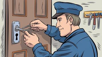 Professional Locksmith in Blue Uniform Picking Door Lock with Keyhole Repair Tools Indoors photo