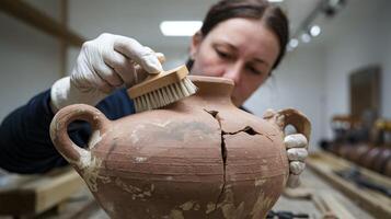 Woman Cleaning Broken Clay Pottery in Archaeology Laboratory Using Brush for Restoration Work photo