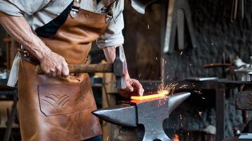 Blacksmith Forging Red Hot Metal on Anvil in Workshop with Sparks and Hammer Wearing Leather Apron photo