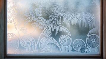 Detailed Frost Patterns on Window Glass with Sunlight Creating Artistic Winter Design and Frozen Nature photo