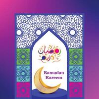 Ramadan Kareem multi color islamic background greeting design with mosque door with floral ornament and arabic calligraphy vector