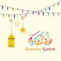Ramadan kareem islamic greeting design with ornament,lanterns, star and arabic calligraphy, light, design template vector