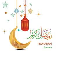 Ramadan Kareem Islamic festival 2025 with lanterns, star, Gold color moon Arabic colorful calligraphy with white color template design vector