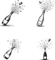 Set of hand drawn Alcohol with champagne foam bottle illustration for coloring page vector
