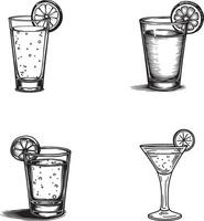 Hand drawn line art Glass of tequila with lemon stack of alcohol illustration set collection coloring page vector
