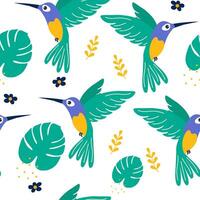 Colorful hummingbirds and tropical plants create a vibrant, lively pattern on a white background vector