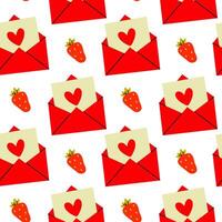 Colorful pattern of red envelopes with heart cards and strawberries on a white background vector