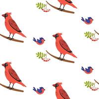 Colorful birds perched on branches surrounded by leaves and berries in a vibrant pattern vector