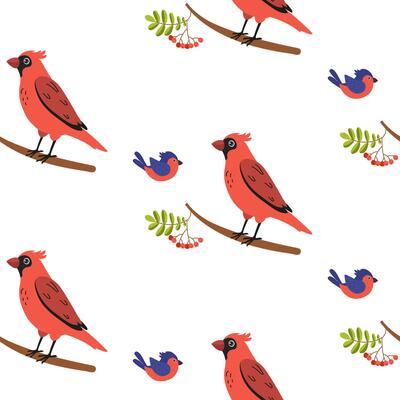 Colorful birds perched on branches surrounded by leaves and berries in a vibrant pattern