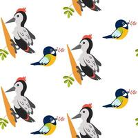 Colorful pattern featuring woodpeckers and small birds in a playful design vector