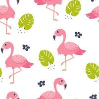 Colorful flamingo pattern with tropical leaves and flowers on a white background vector