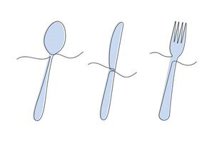 Set of cutlery in one continuous line in color. One line drawing, minimalism. vector