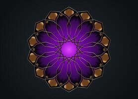 Gold Luxury Sacred Mandala template. Purple Flower design element isolated on black background. Circle pattern in golden color. illustration for logo, monogram, web design, decoration, business vector
