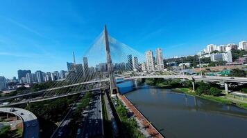 Aerial View of Cable Bridge at Downtown Sao Paulo in Brazil. Awesome Time Lapse. photo